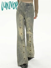 Lunivop Women’s Printed Rivet Design American Retro Micro Flared Jeans Vintage Casual Denim